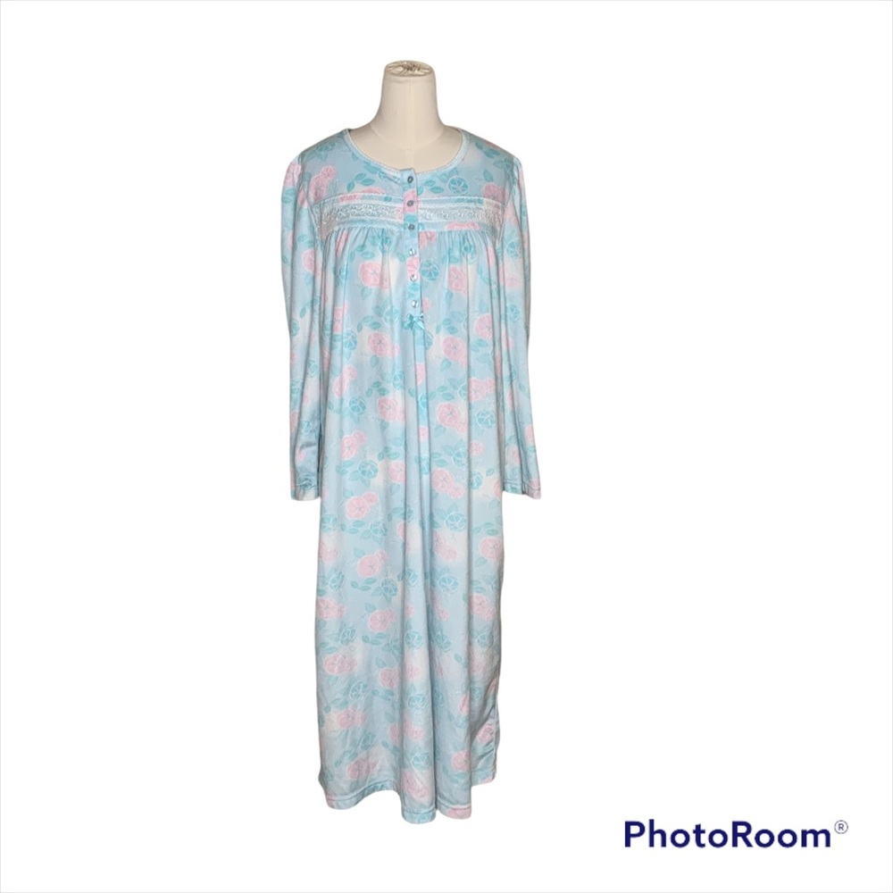 Jasmine Rose Womens Aqua Floral Long Sleeve Nightgown M Med Medium